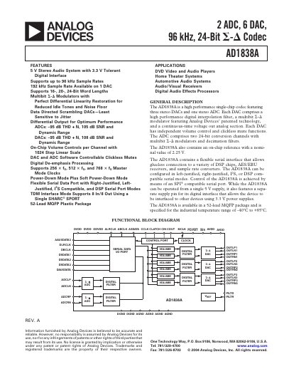 Analog Devices AD1838A Codec Datasheet - cover page