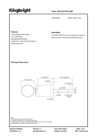 Kingbright WP813SRD/E Super Bright Red 10mm Solid State Lamp Datasheet - cover page