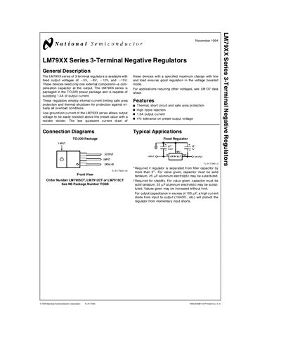 National Semiconductor LM79XX Series 3-Terminal Negative Regulators Datasheet - cover page