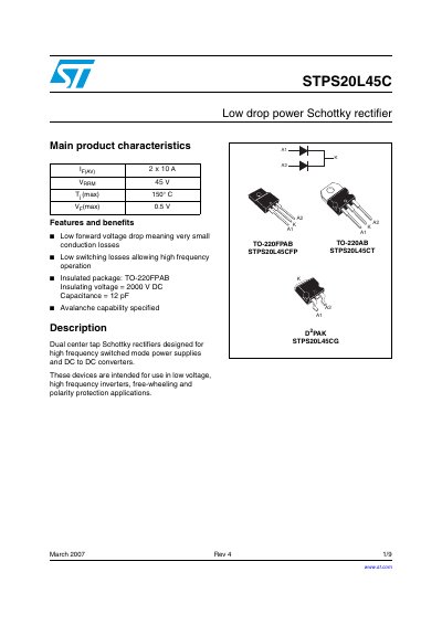 STMicroelectronics STPS20L45C Low Drop Power Schottky Rectifier Datasheet