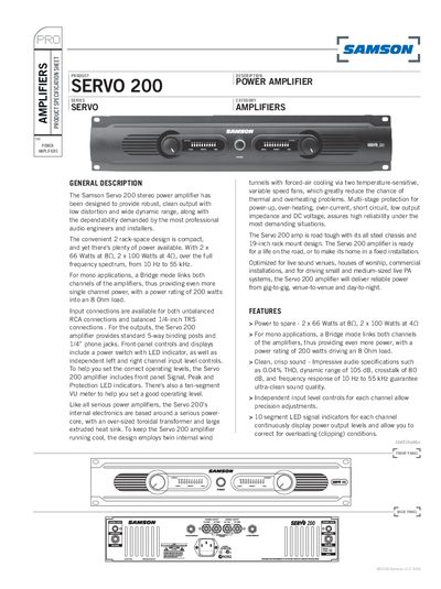 Samson Servo 200 Power Amplifier Specification Sheet - cover page