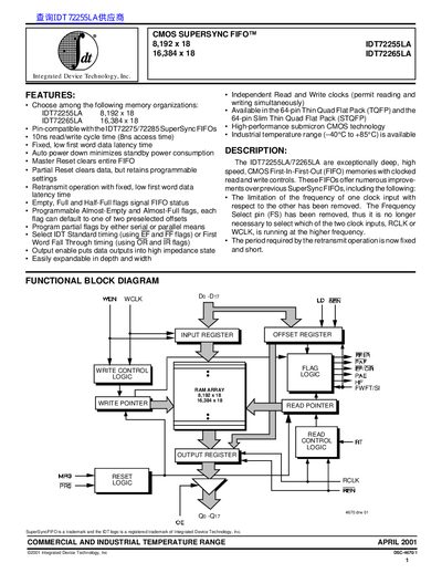 Integrated Device Technology IDT72255LA/IDT72265LA Supersync FIFO Datasheet