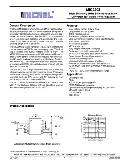 Micrel MIC2202 High Efficiency 2MHz Synchronous Buck Converter Datasheet - cover page