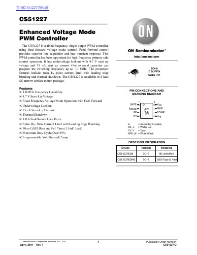ON Semiconductor CS51227 Enhanced Voltage Mode PWM Controller Datasheet - cover page