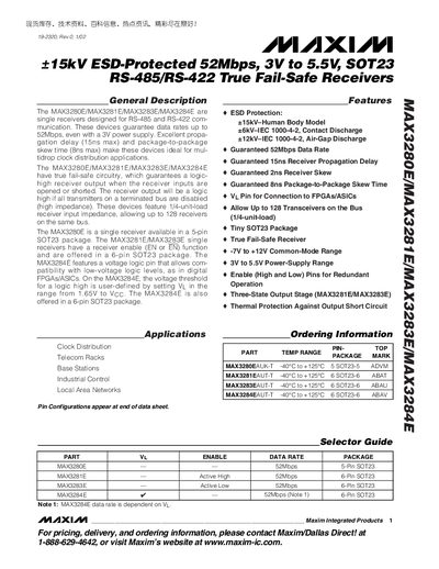Maxim MAX3280E/MAX3281E/MAX3283E/MAX3284E RS-485/RS-422 True Fail-Safe Receivers Datasheet - cover page