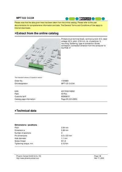 Phoenix Contact MPT 0,5/3-2,54 Datasheet - cover page