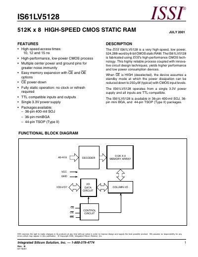ISSI IS61LV5128 High-Speed CMOS Static RAM Datasheet - cover page