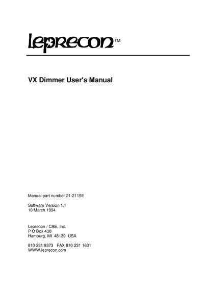 Leprecon VX Dimmer User's Manual - cover page