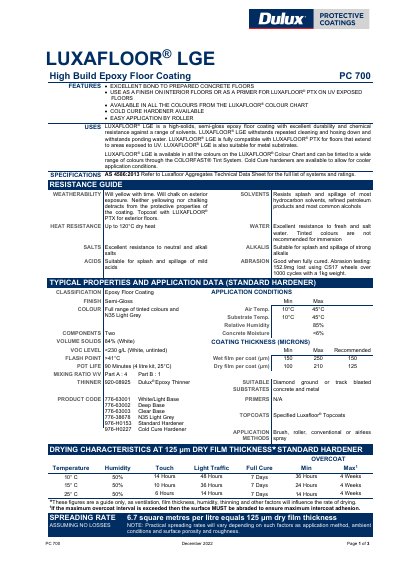Dulux LGE PC 700 High Build Epoxy Floor Coating Product Data Sheet - cover page