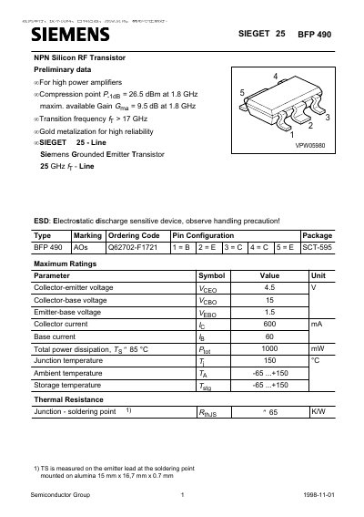 Siemens BFP 490 Semiconductor Transistor Datasheet