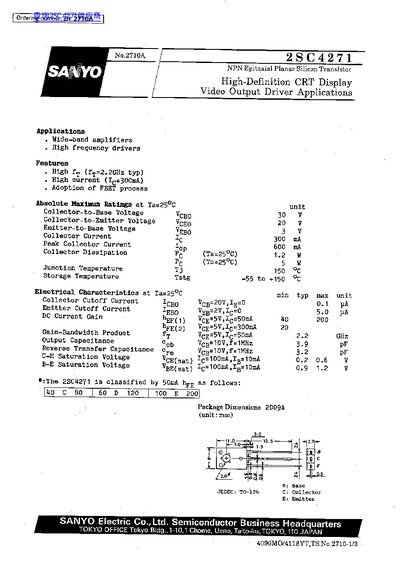 SANYO 2SC4271 NPN Transistor Datasheet - cover page