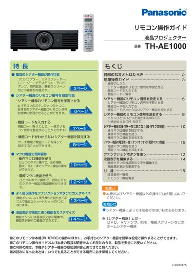 Panasonic TH-AE1000 Remote Control Operation Guide - cover page