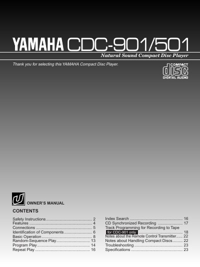 Yamaha CDC-901/501 Compact Disc Player Owner's Manual - cover page