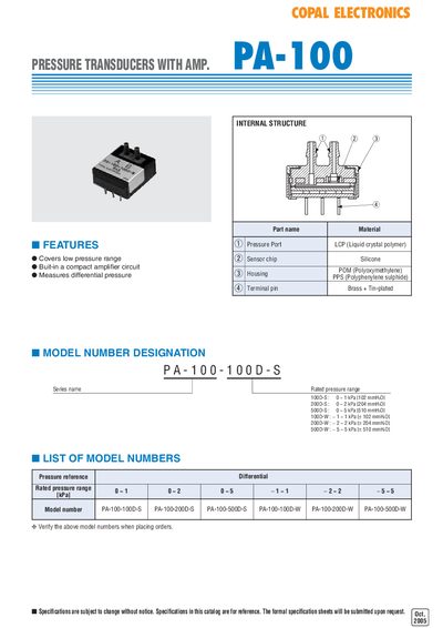 Copal PA-100 Pressure Transducer with Amplifier Datasheet - cover page