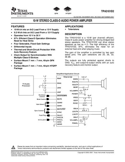 Texas Instruments TPA3101D2 10‑W Stereo Class‑D Audio Power Amplifier Datasheet - cover page