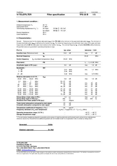 VI TELEFILTER TFS 35 B Filter Specification - cover page