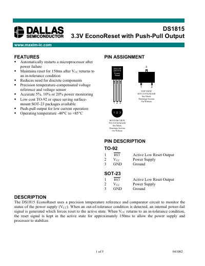 Maxim DS1815 EconoReset Datasheet - cover page