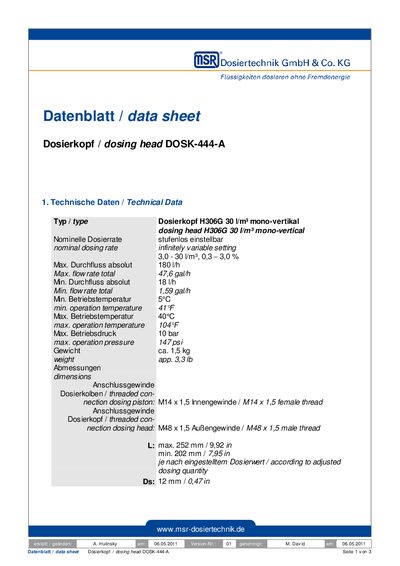 MSR DOSK-444-A Dosing Head Datasheet - cover page
