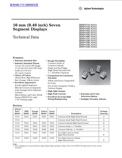 Agilent Technologies HDSP-F15x Series 10 mm (0.40 inch) Seven Segment Displays Technical Data - cover page
