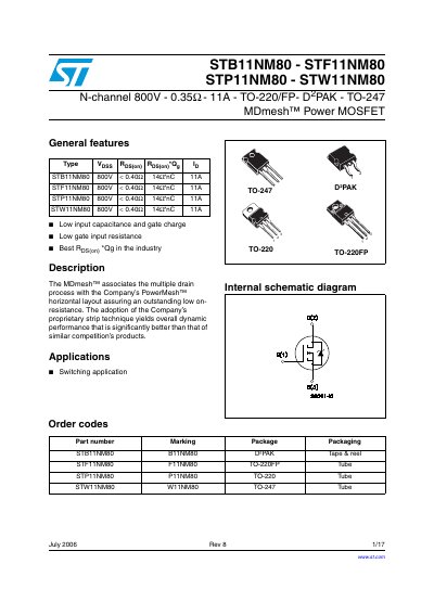 ST STB11NM80 STF STP STW Power MOSFET intro - cover page