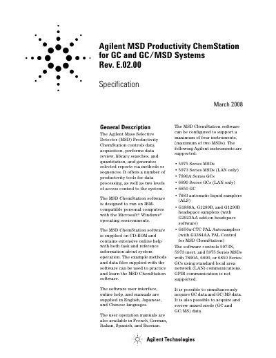 Agilent MSD Productivity ChemStation for GC and GC/MSD Systems Rev E.02.00 User Manual - cover page