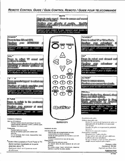 Panasonic EUR501374 Remote Control User Manual - cover page