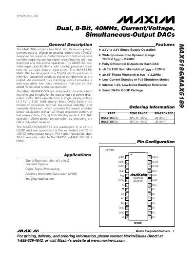 Maxim Integrated MAX5186/MAX5189 Dual 8‑Bit 40 MHz Current/Voltage Simultaneous‑Output DACs Datasheet - cover page