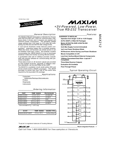 Maxim MAX212 RS-232 Transceiver Datasheet