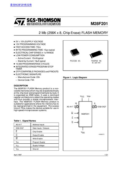 SGS-Thomson M28F201 Flash Memory Datasheet - cover page