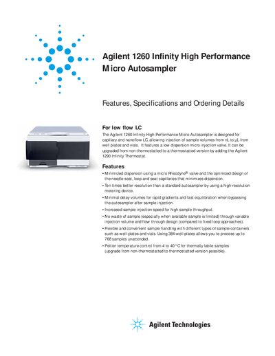 Agilent 1260 Infinity High Performance Micro Autosampler Features and Specifications