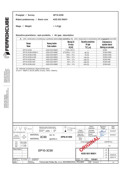FERROXCUBE Przegl&sup1;d Survey EP10-3C90 Rdze&ntilde; podstawowy Basic core 4322 023 56831 Waga Weight 1.4 [g] - cover page