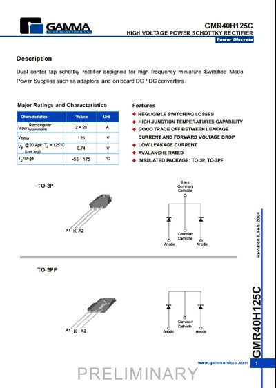 Gamma Micro GMR40H125C Dual Center Tap Schottky Rectifier Datasheet - cover page