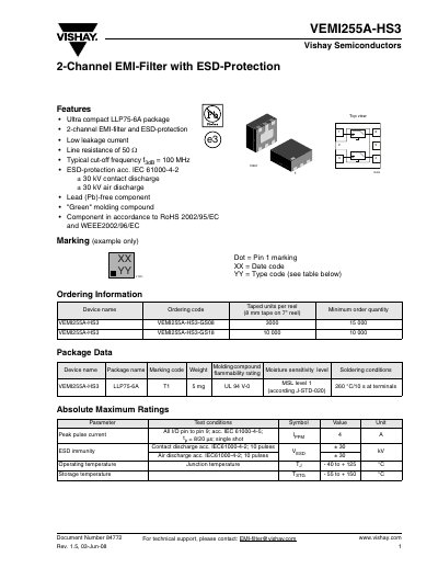 Vishay VEMI255A-HS3 EMI Filter Datasheet - cover page
