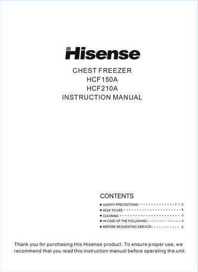 Hisense HCF150A / HCF210A Chest Freezer Instruction Manual - cover page