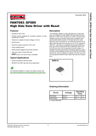 Fairchild Semiconductor FAN7083_GF085 High Side Gate Driver with Reset Datasheet - cover page