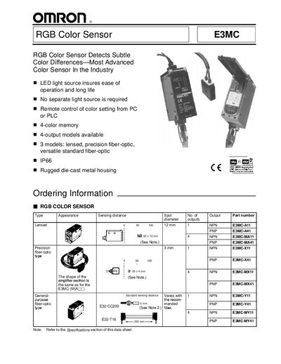 Omron E3MC Series RGB Color Sensor Datasheet - cover page