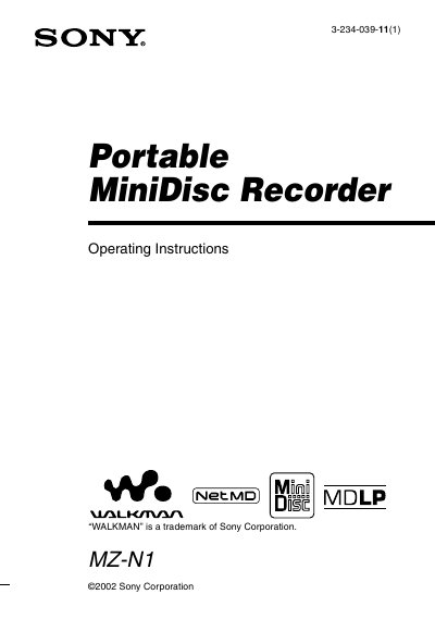 Sony MZ-N1 Portable MiniDisc Recorder Operating Instructions - cover page
