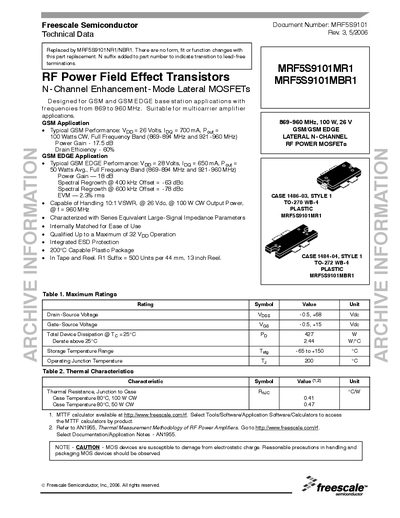 Freescale MRF5S9101MR1/MRF5S9101MBR1 RF Power MOSFET Datasheet - cover page