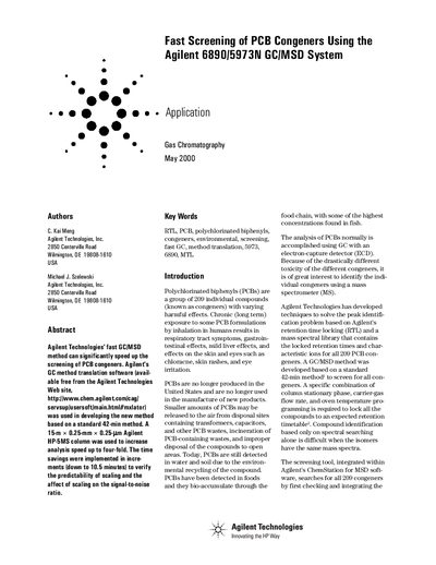 Agilent 6890/5973N Fast Screening of PCB Congeners Application Note - cover page