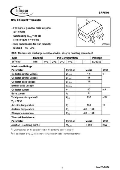 Infineon BFP540 NPN Silicon RF Transistor Datasheet - cover page