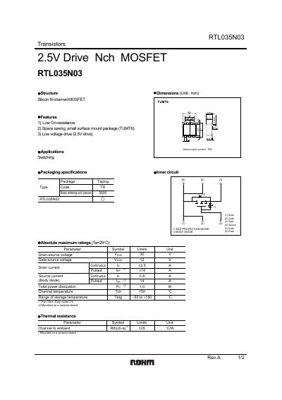 ROHM RTL035N03 N-channel MOSFET Datasheet - cover page