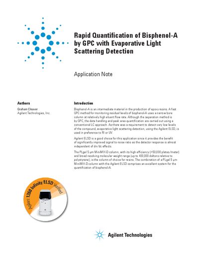 Rapid Quantification of Bisphenol-A by GPC with Evaporative Light Scattering Detection Application Note - cover page
