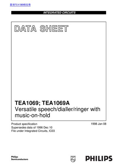 Philips TEA1069/TEA1069A Integrated Circuits Data Sheet - cover page