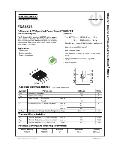FDS6576 P-Channel MOSFET Datasheet - cover page