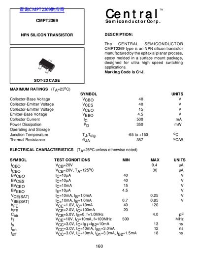 Central Semiconductor CMPT2369 NPN Silicon Transistor Datasheet - cover page