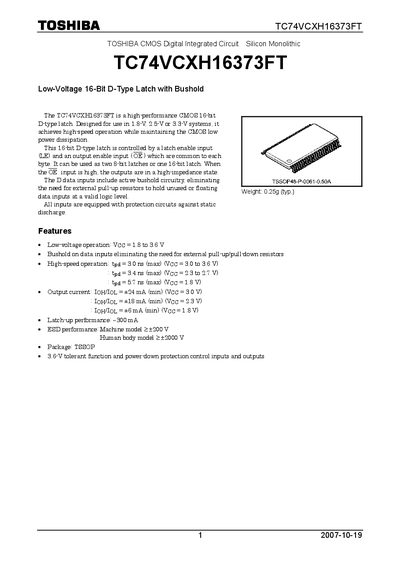 Toshiba TC74VCXH16373FT 16‑Bit D‑Type Latch Datasheet - cover page
