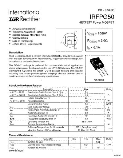 VISHAY PD - 9.543C IRFPG50 HEXFET Power MOSFET Manual - cover page