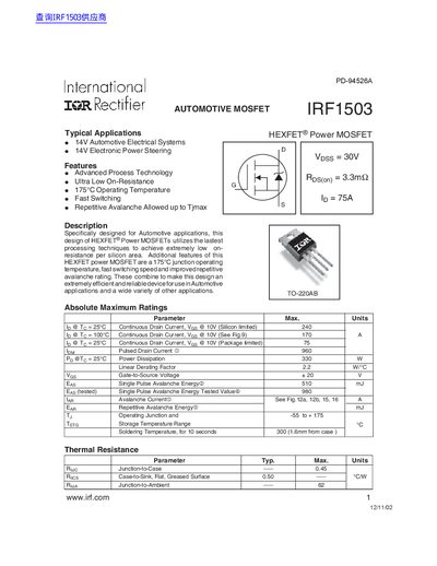 International Rectifier IRF1503 MOSFET Datasheet - cover page