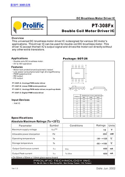 Prolific PT-308Fx Double Coil Motor Driver IC Datasheet - cover page