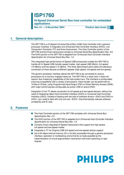 Philips ISP1760 Hi-Speed USB Host Controller Datasheet - cover page